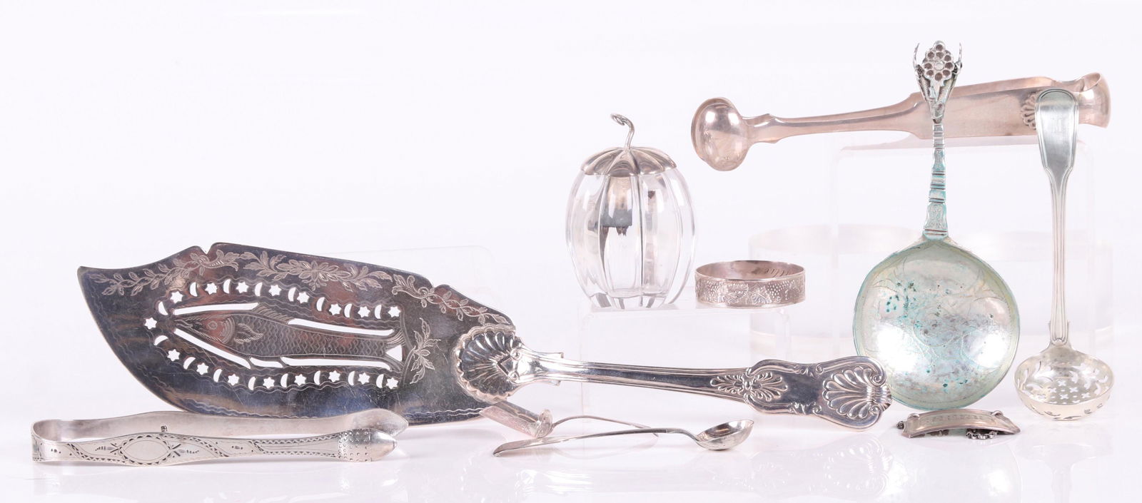 Assorted Sterling and Silver Plate, Georgian, etc.: Comprising: 5 1/2" tongs with bright cut decoration (monogrammed), London 1798, Peter and Ann Bateman; 5" pierced ladle (monogrammed), London 1805, George Smith; a 2" wide x 3" tall pumpkin form glass
