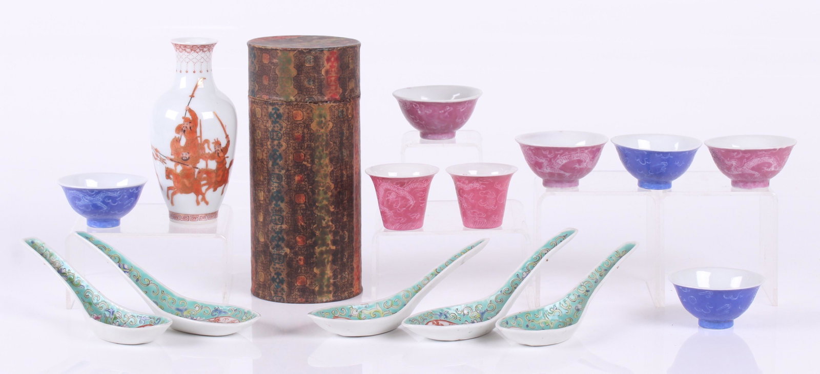 A Group of Chinese Republic Period Porcelain: Eight various small monochrome glazed cups with incised dragon decoration, a cylindrical carrying case for the cups, a small egg shell porcelain vase with hand painted warrior decoration, and five spo