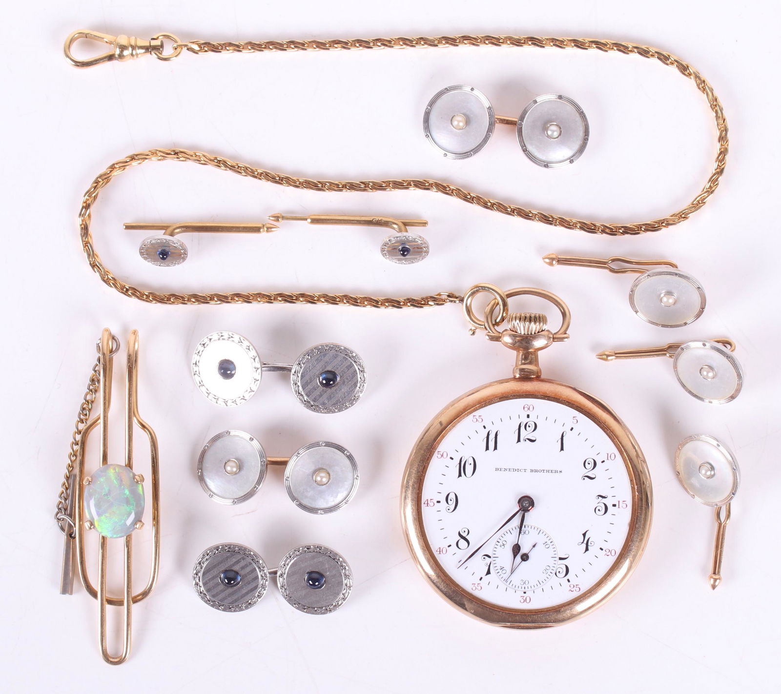 Gentlemans Gold and Platinum Items: Comprising: a pair of art deco platinum cuff links with two matching studs, a pair of 14k and platinum cuff links with three matching studs, a gold filled choker necklace, a 14k gold pocket watch by H