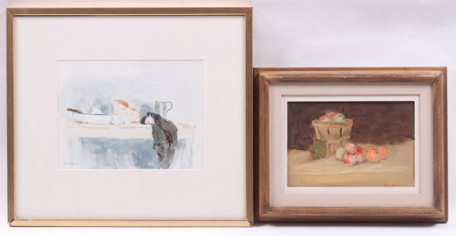 Seymour Remenick (1923 - 1999) Oil on Board, W/C: Both are still lifes, the oil on board depicting apples and a pitcher, signed at the lower right, the watercolor titled "Still Life with Bread", signed at the lower left. Dimensions: The oil on board 