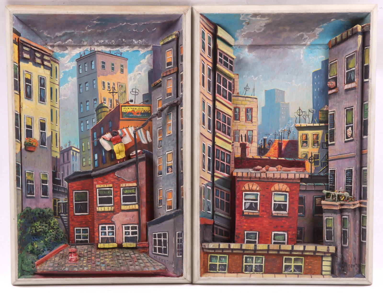 H. Richter, Two Dioramas: 20th century, mixed media, carved wood, oil paint, other elements. One is titled at the reverse "Wash Day", the other, "Sun Bather". Each signed at the lower right. Dimensions: Each is 17 1/4" x 11 1/