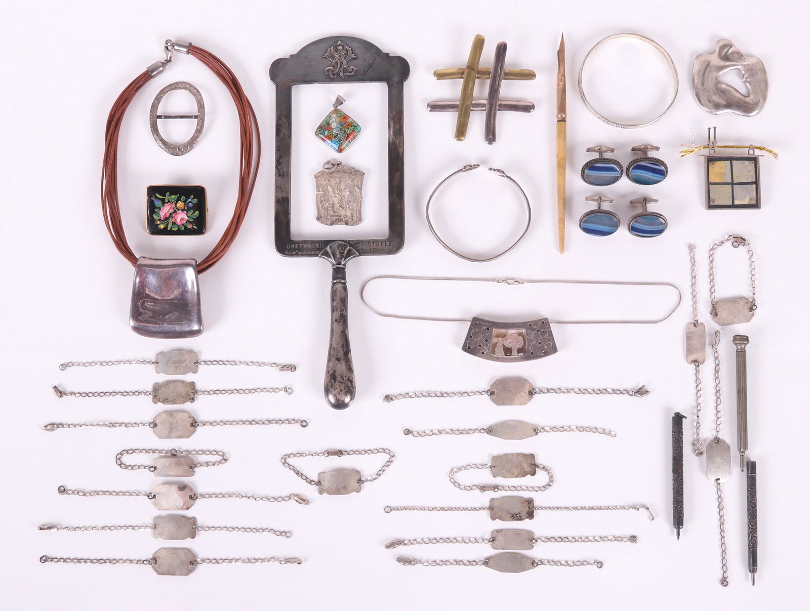 Jewelry, Etc., Including Christofle, Sterling, 14k: Comprising: a W. S. Hicks gold plated 6" dip pen with an E. S. Johnson 14k gold No. 5 nib; a late 19th century silver plate hand held menu holder, by Christofle, 3 3/4" x 10 1/4"; two sterling cuff br