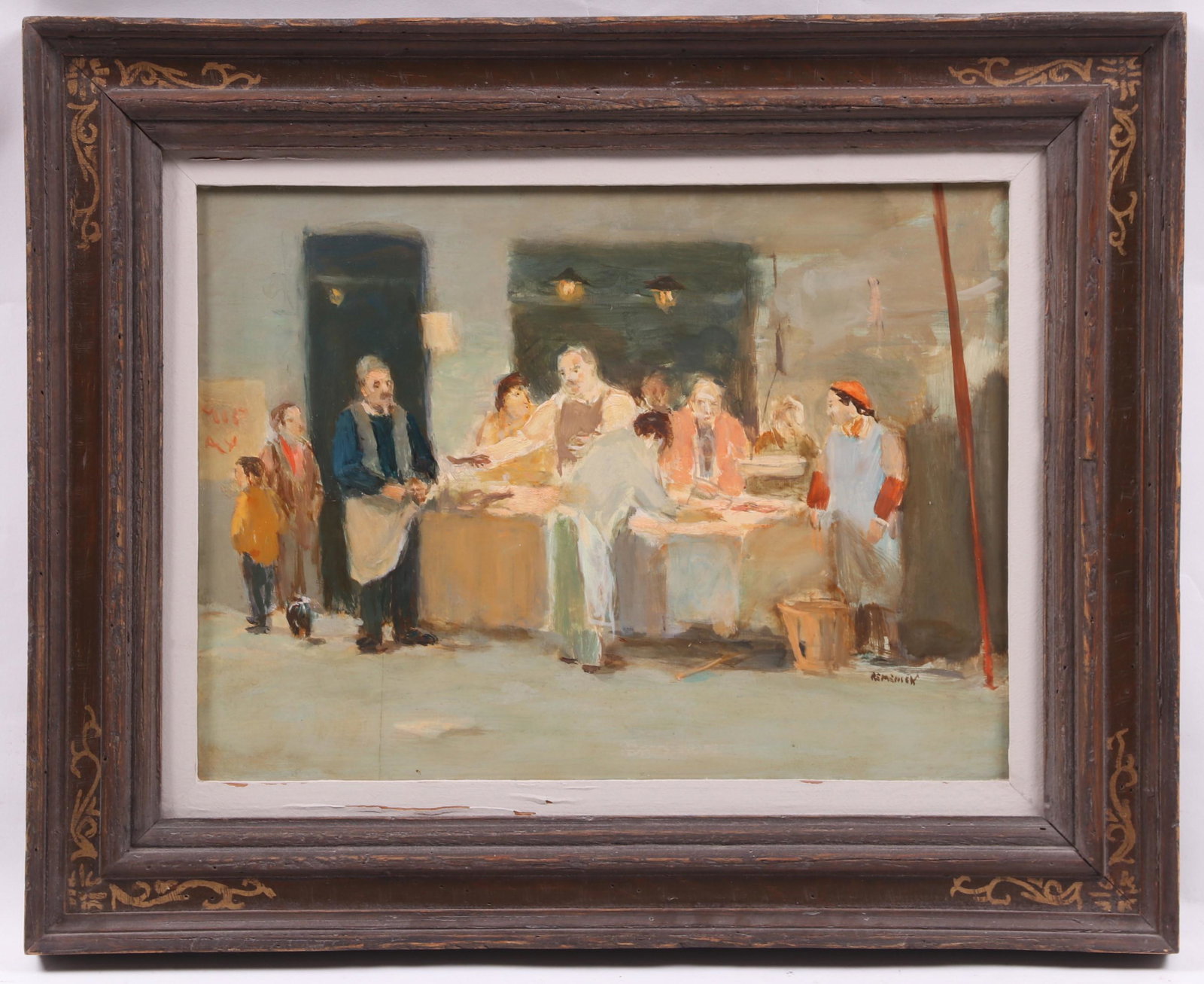 Seymour Remenick (1923-1999) Oil on Board: A genre scene depicting a market, signed at the lower right. Dimensions: 11 3/4" x 15 3/4", the frame 17 3/4" x 21 3/4". Provenance: From a Philadelphia estate.