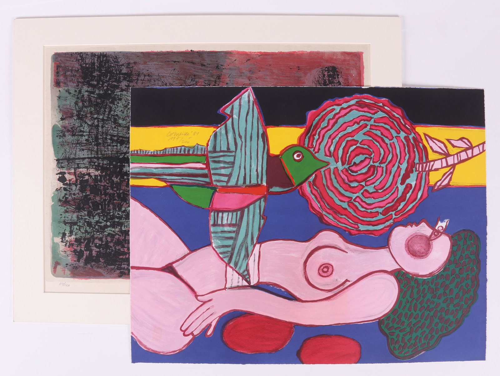 Guillaume Corneille (1922-2010) Two Lithographs: One is titled "Nu a la Rose", pencil signed and dated for 1987 at the top left, numbered 197 of 200. The other is titled "Heure Tardive", pencil signed at the lower right, numbered 114 of 120, also wi