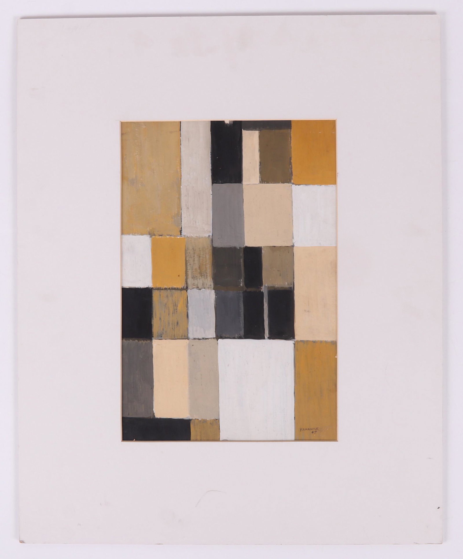 Seymour Remenick (1923-1999) Gouache: A geometric abstract work on cardboard, signed and dated for 1947 by the artist at the lower right corner. Dimensions: 14 7/8" x 10", the matting 24" x 19 1/4". Provenance: From a Philadelphia estate.