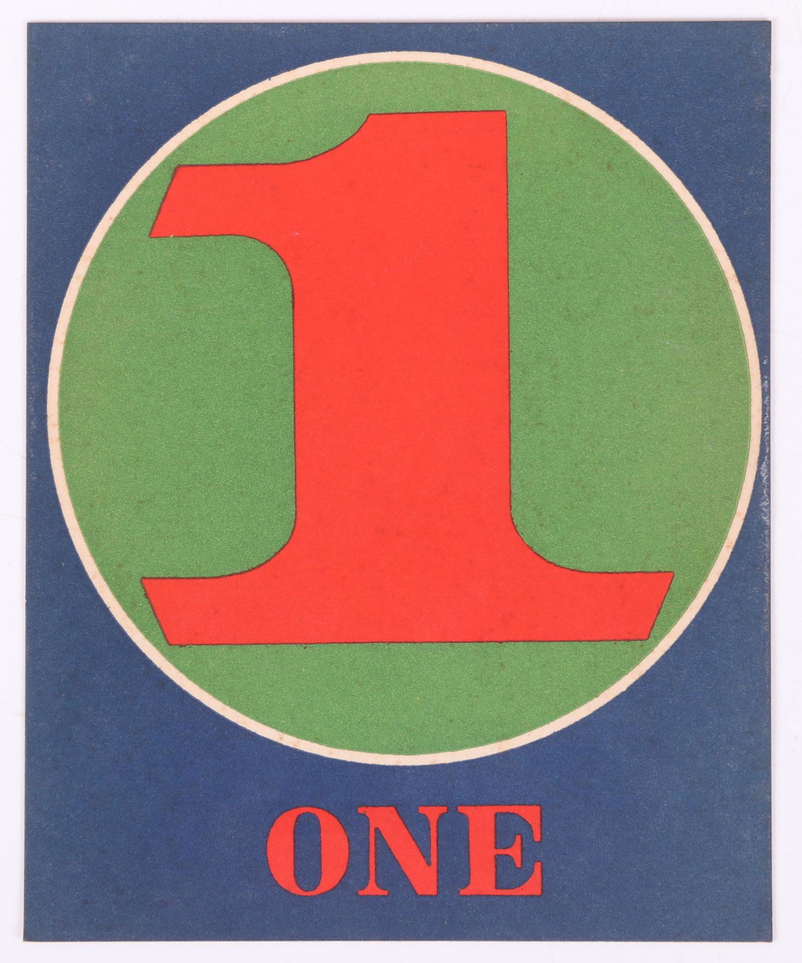 Robert Indiana (American 1928-2018) Serigraph: "One" from the "Numbers" portfolio, with tag for Christian Stein, Turin affixed verso. Dimensions: 5 3/8" x 4 1/4".