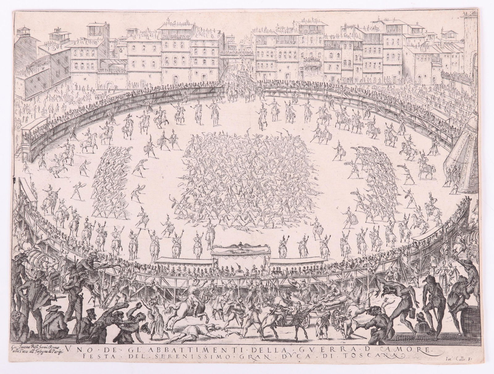 Jacques Callot (French 1592-1635) Engraving: Titled "Vno de Gl'abbattimenti della Gverra D'amore Festa del Serenissimo Gran Dvca di Toscana", published by Giovanni Giacomo de Rossi. Dimensions: 9" x 11 3/4".