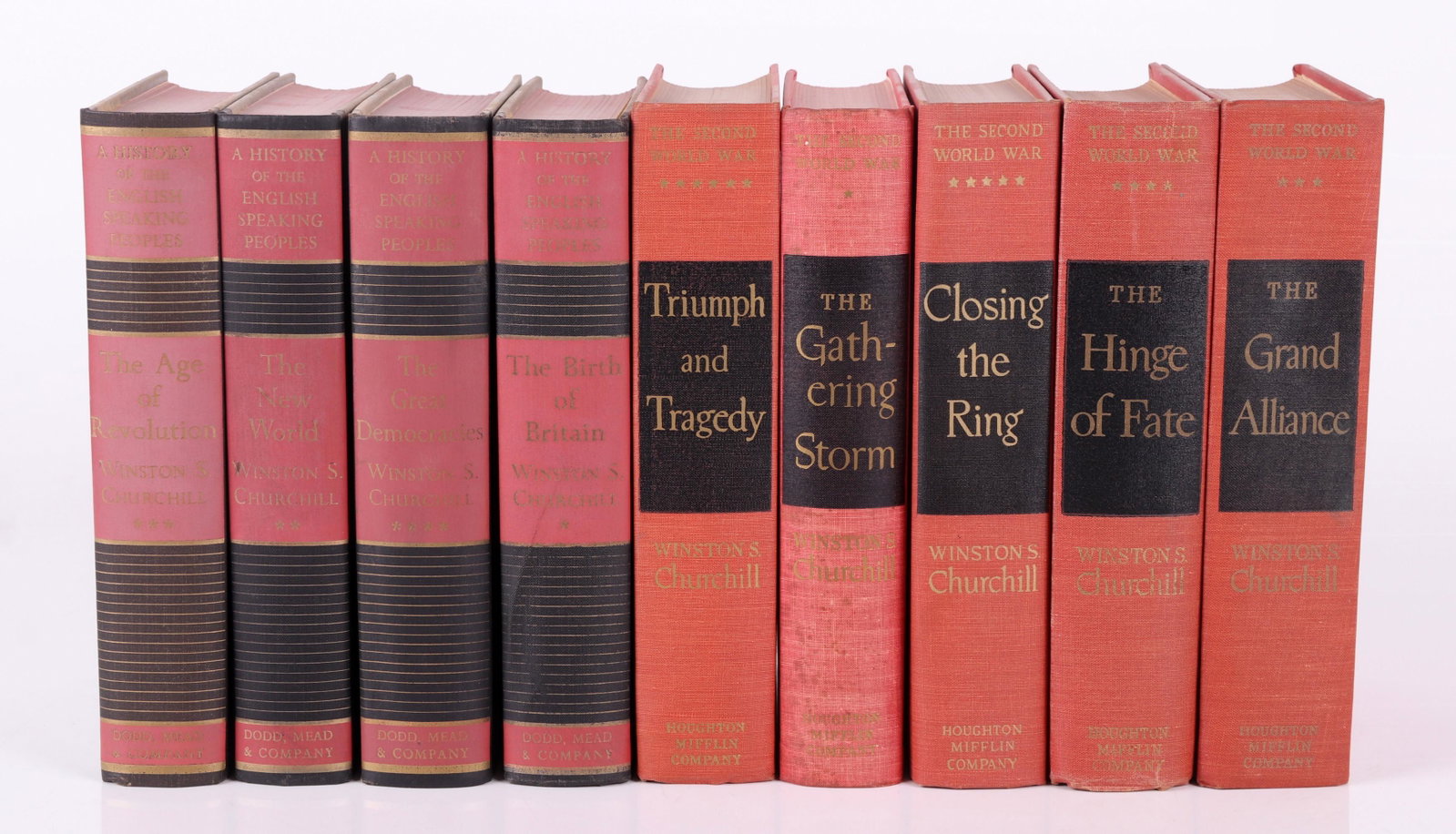 Books, Two Editions by Winston Churchill: "The Second World War", five volumes, Houghton Mifflin, Boston, and The Riverside Press, Cambridge, 1948-1953, cloth bound hardcovers with gilt tooling and top stain, "The Gathering Storm" has deckled