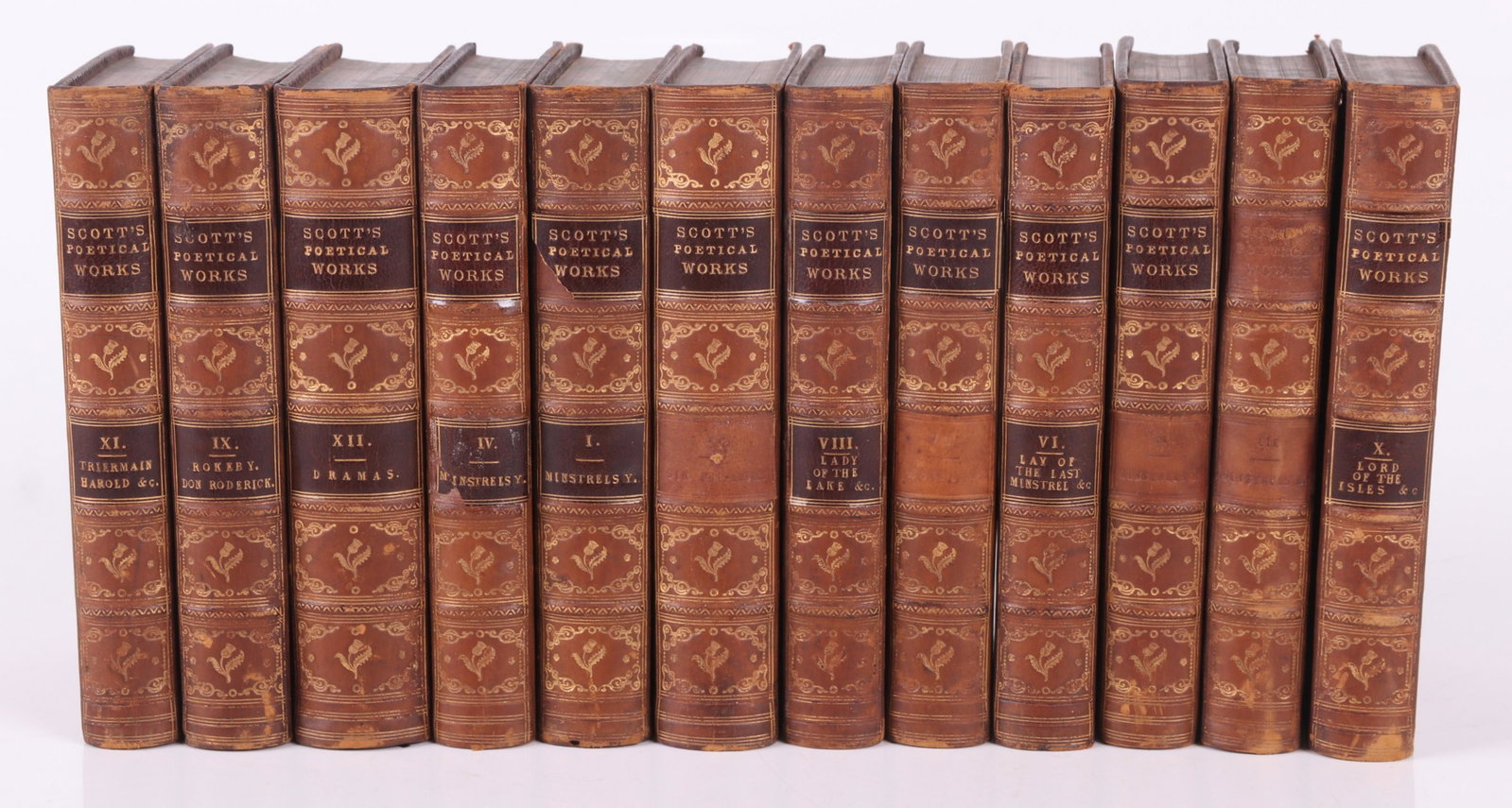 Book, "The Poetical Works of Sir Walter Scott", 1848: A twelve volume edition, Robert Cadell, Edinburgh, and Houlston and Stoneman, London, 1848, full bound hardcovers with gilt tooling, marbled edges and endpapers. Dimensions: Each is 6 1/2" x 4 1/4", a