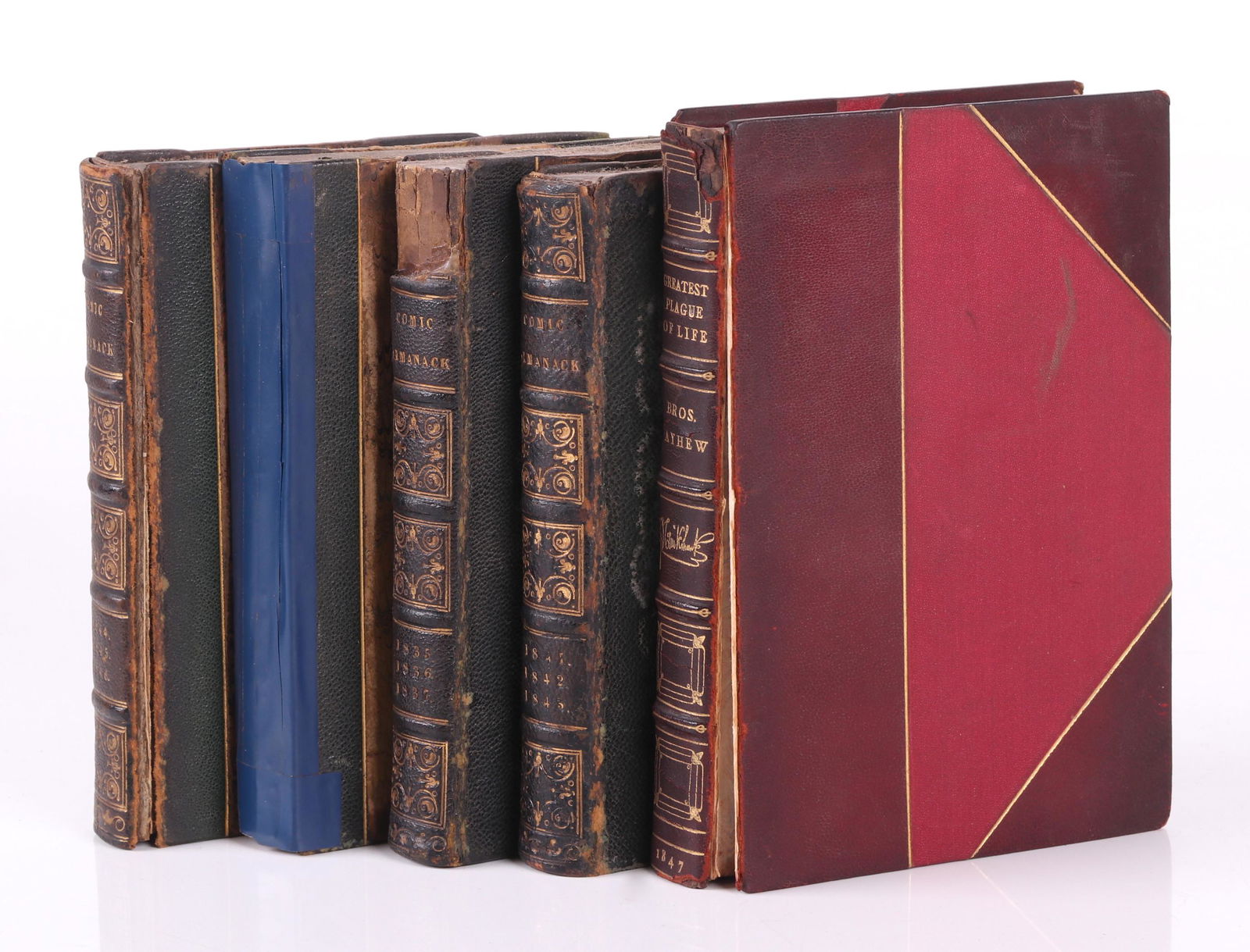 Books, George Cruikshank, Five Volumes: "The Comick Almanack", four volumes, edited by "Rigdum Funnidos" AKA Horace Mayhew, Henry Mayhew and Robert Brough, imprinted for Charles Tilt and David Brogue, London, 1838-1846, half bound hardcover