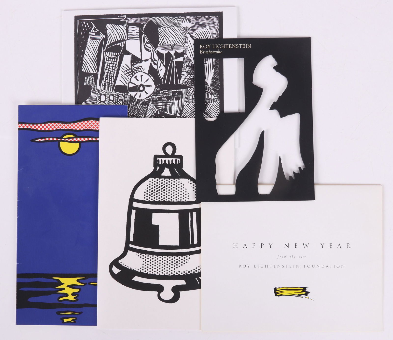 Roy Lichtenstein Cards Including "Moonscape Banner": Five cards from the Roy Lichtenstein Foundation: a silkscreen on card after "Moonscape Banner" from Multiples Inc.; an etching on card after "The United States and the Macedonian"; a lithograph on car