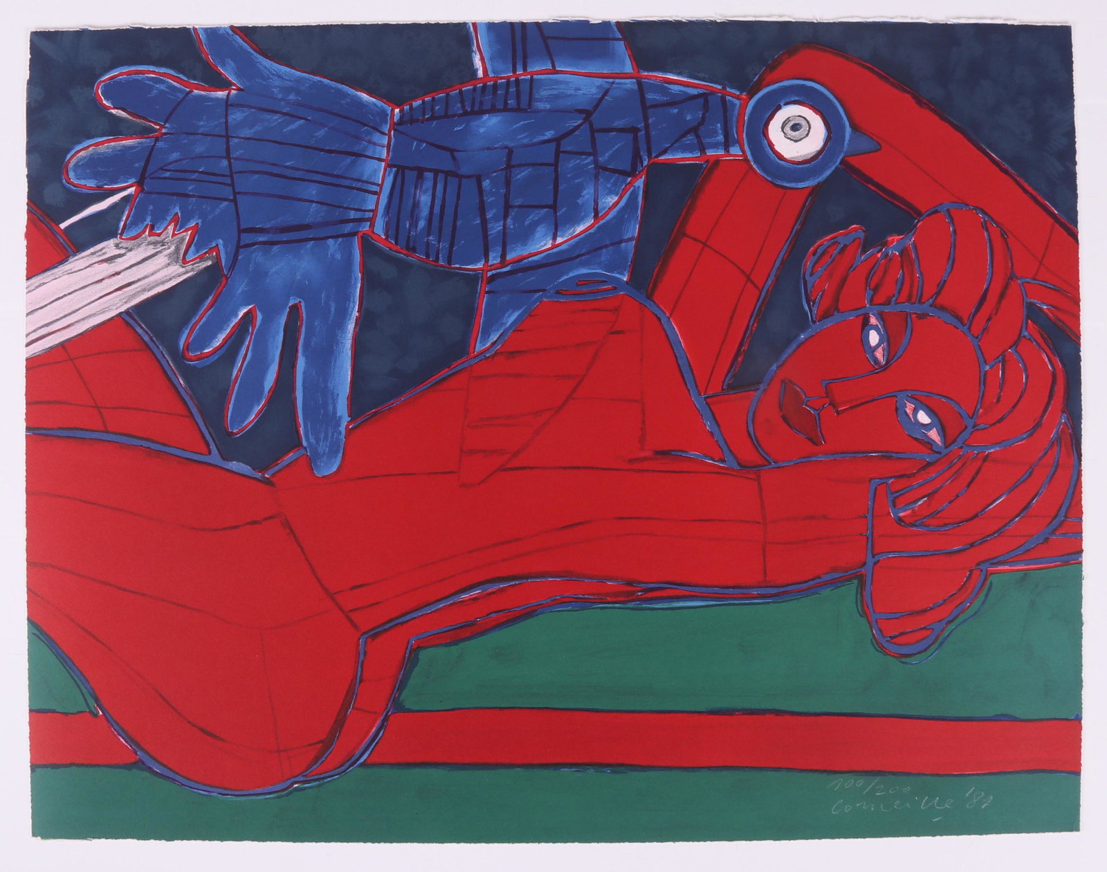 Guillaume Corneille (1922-2010) Lithograph: Titled "Nu Rouge a l'Oiseau", signed and dated for 1981 at the lower right, numbered 100 of 200. Dimensions: 19 3/4" x 25 1/2".