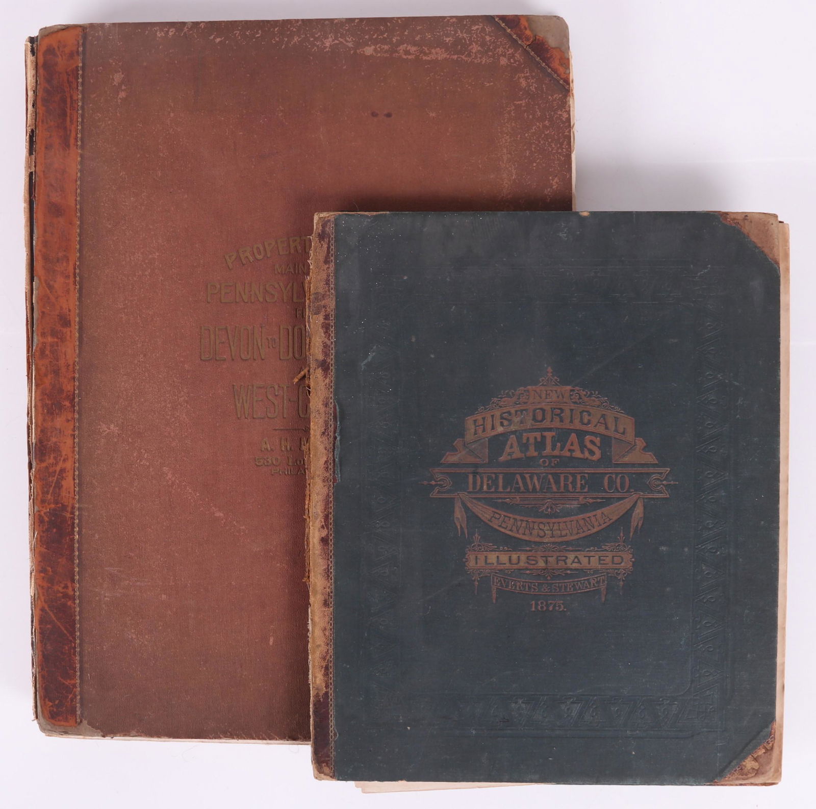 Two Atlases of Pennsylvania: Main Line, Delaware Co.: "Combination Atlas Map of Delaware County, Pennsylvania", by Everts and Stewart, Philadelphia, 1875, with hand colored maps and lithographic views; "Atlas of Properties on Main Line Pennsylvania Railr