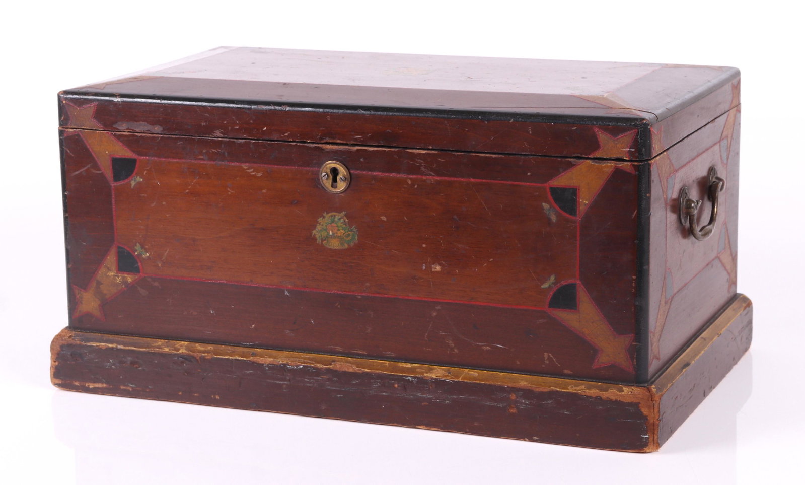 Lehnware Type Chest c. 1880: A poplar chest with bail handles, original paint decoration and several small decals. The interior features a removable tray. Dimensions: 10 1/2" x 17 3/4" x 8 3/4".