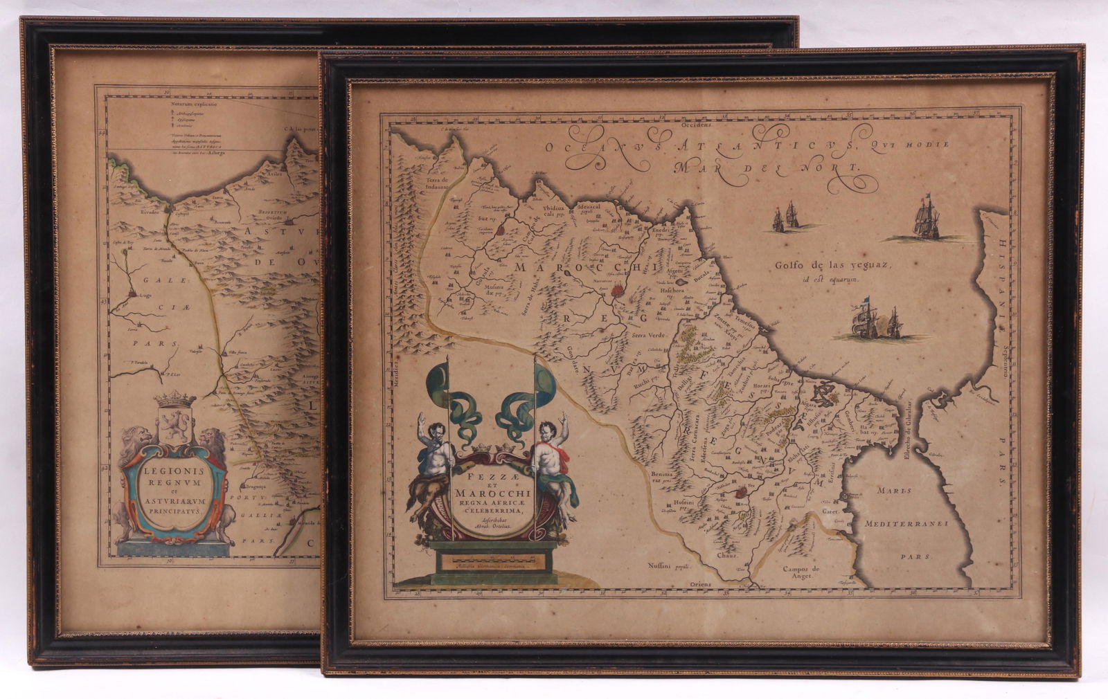 Two 17th Century Maps, Spain and Morocco: Two framed, two page, hand colored, engraved maps, one is from an atlas by Willem and Joan Blaeu, titled "Legionis Regnum et Asturiarum Principatus", the other is from an atlas by Jan Jansson, drawn b