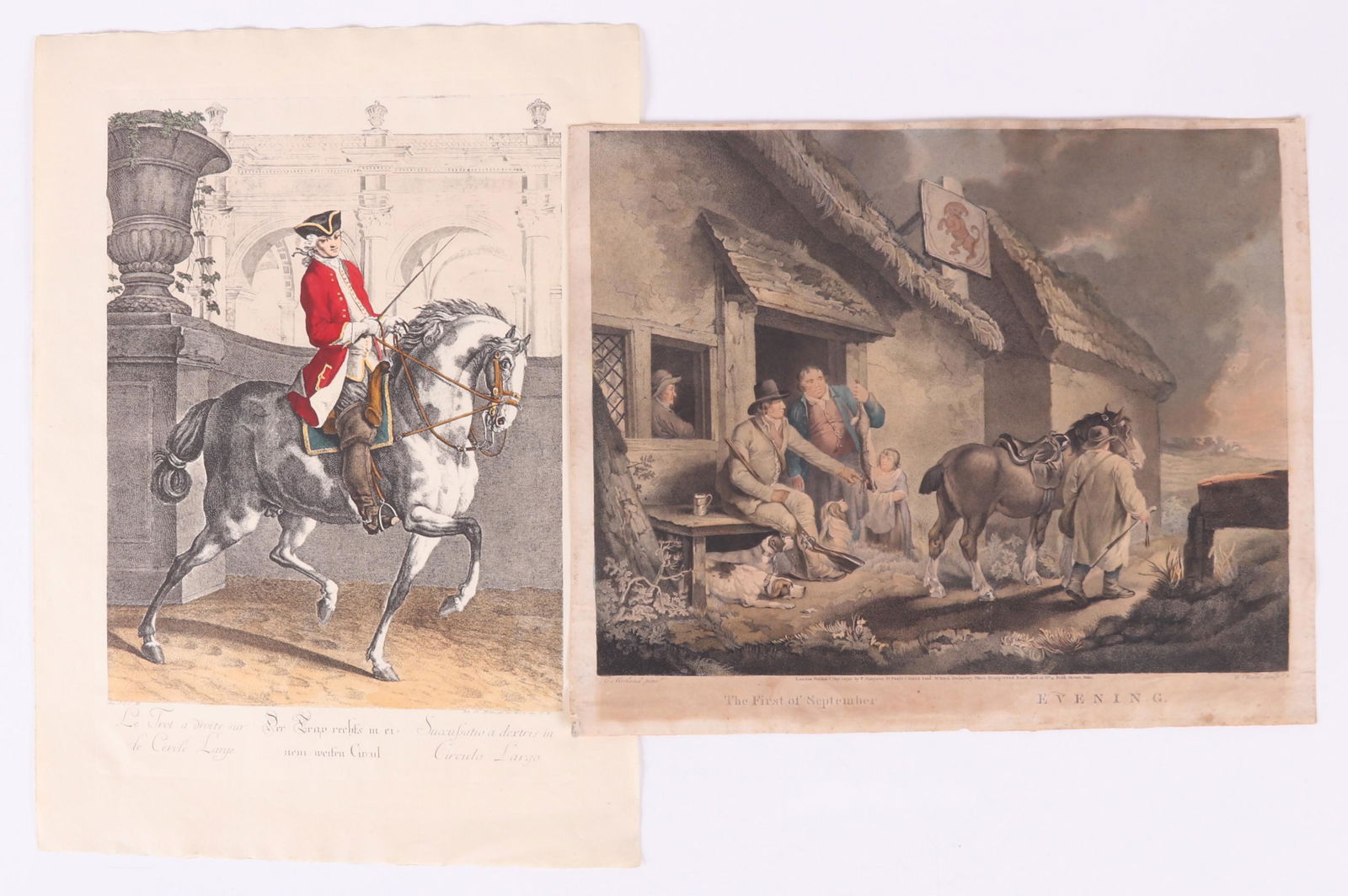 18th Century Engraving and a Reproduction: William Ward (British 1766-1826) after George Morland (British 1763-1804), a hand colored engraving titled "The First of September, Evening", dated 1799; after Johann Elias Ridinger (German 1698-1767)