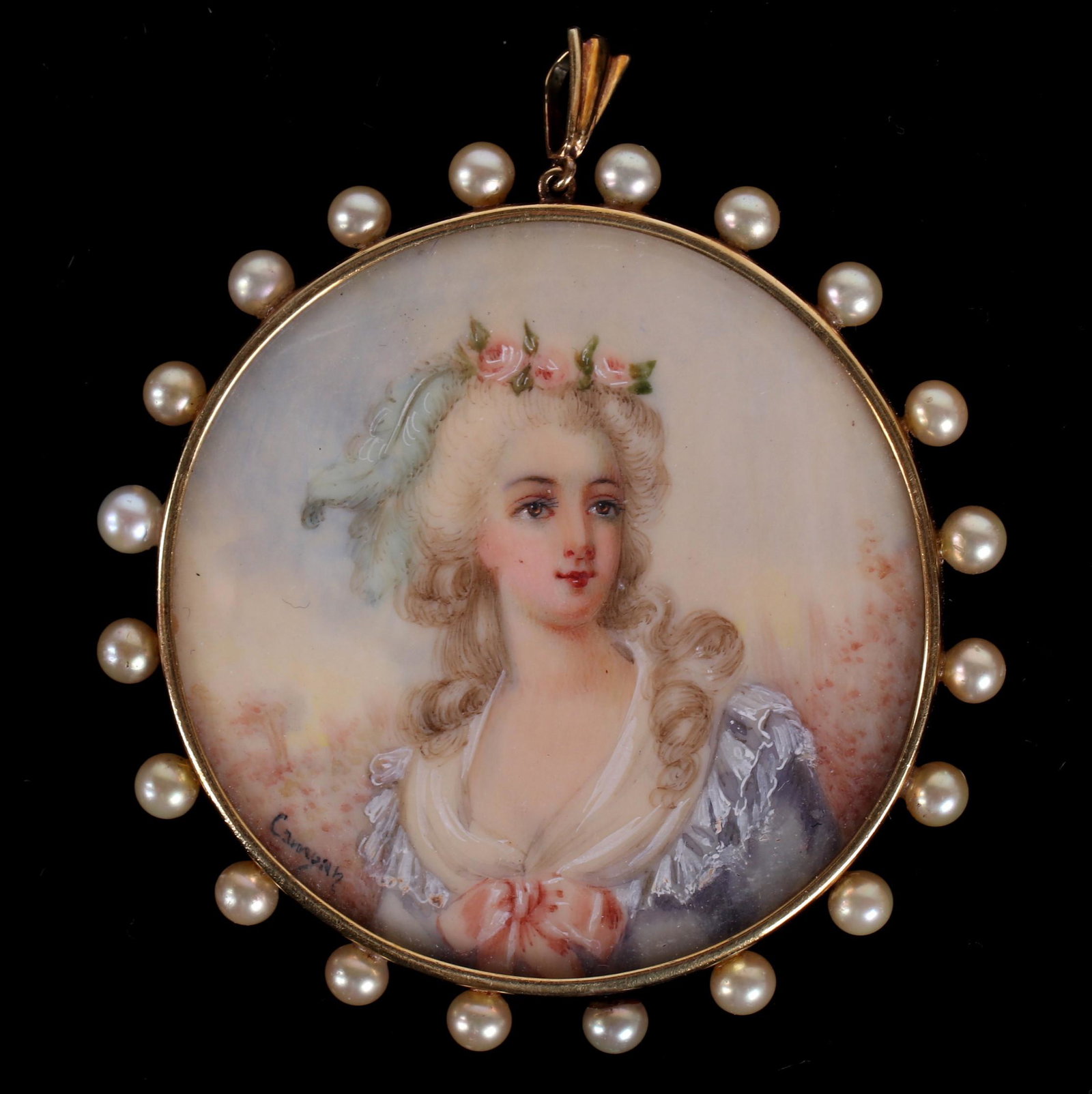 A Large 14k Gold Portrait Pendant: A portrait of an 18th century style woman signed "Camyan" set in 14k gold and pearls. Dimensions: The total approximate gross weight is 17.9 dwt. Provenance: Proceeds will be donated to the National B