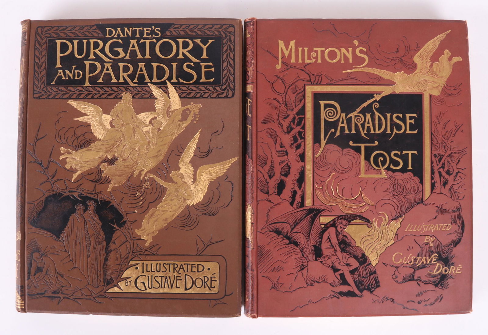 Books, Dante and Milton, Illustrated by Gustave Dore: Two volumes, John Milton "Paradise Lost", and Dante Alighieri "Purgatory and Paradise", Belford, Clark and Co., Chicago and New York, 1886, illustrated by M. Gustave Dore, cloth bound hardcovers with