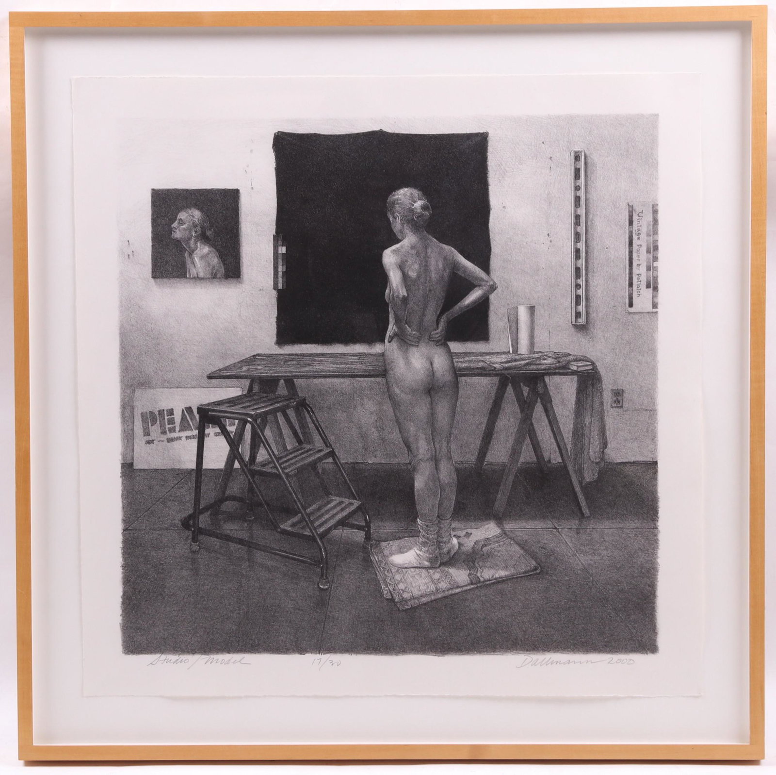 Daniel Dallmann (American b. 1942) Lithograph: Titled "Studio/Model", pencil signed and dated for 2000 at the lower right, numbered 17 of 30. Dimensions: 22 3/4" x 22 3/4", the frame 27 3/4" x 27 3/4". Provenance: From a Philadelphia estate.