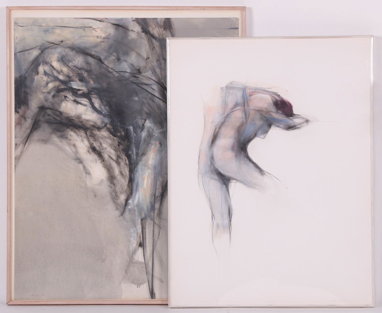 Bruce Samuelson (US b. 1946) Large Mixed Media Works: Two mixed media works depicting abstract nude female figures, one is on cardboard and is pencil signed by the artist and dated for 1982 at the lower left corner, the other is on paper and is pencil si