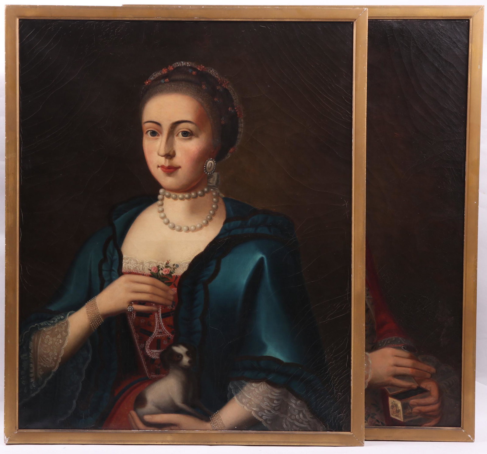 German School (18th C.) Two Portraits, O/C: Two oils on canvas. One is depicting a young gentleman with a snuff box, unsigned, with an inscription verso naming the sitter as "G. Joseph Gezger", with other information. The other is depicting a y