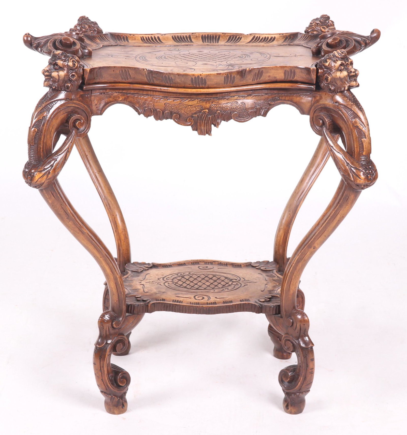 Rococo Style Tray Table: 20th century. With C scroll feet, below a low shelf, cabriole supports that have Classical head terminals, all below the removable acanthus and scroll carved tray. Dimensions: The tray is 27" x 16", t