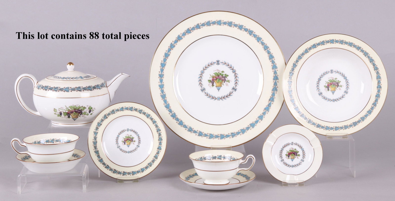 Set of Wedgwood "Appledore" Dinnerware: Comprising: twelve 10 3/4" dinner plates; twelve 8 1/8" salad plates; eleven 8" soup bowls; twelve 6" bread and butter plates; twelve 5" fruit/dessert bowls; thirteen 5" (from handle to rim) cups; thi