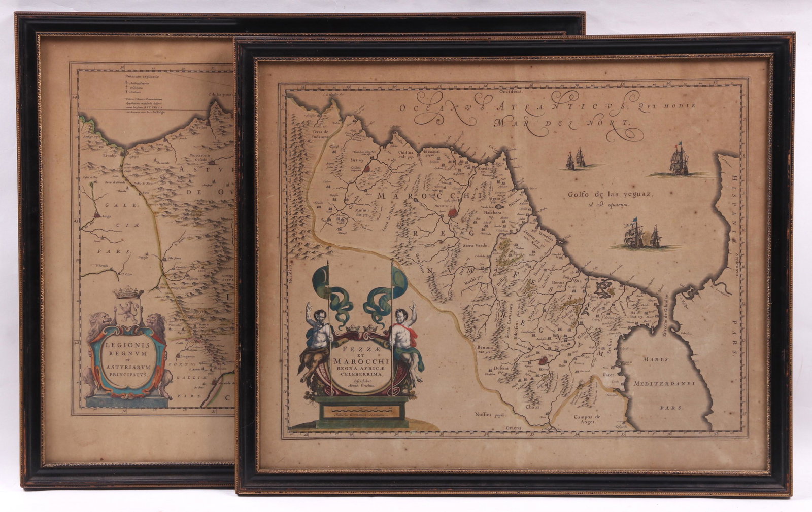 Two 17th Century Maps, Spain and Morocco: Two framed, two page, hand colored, engraved maps, one is from an atlas by Willem and Joan Blaeu, titled "Legionis Regnum et Asturiarum Principatus", the other is from an atlas by Jan Jansson, drawn b