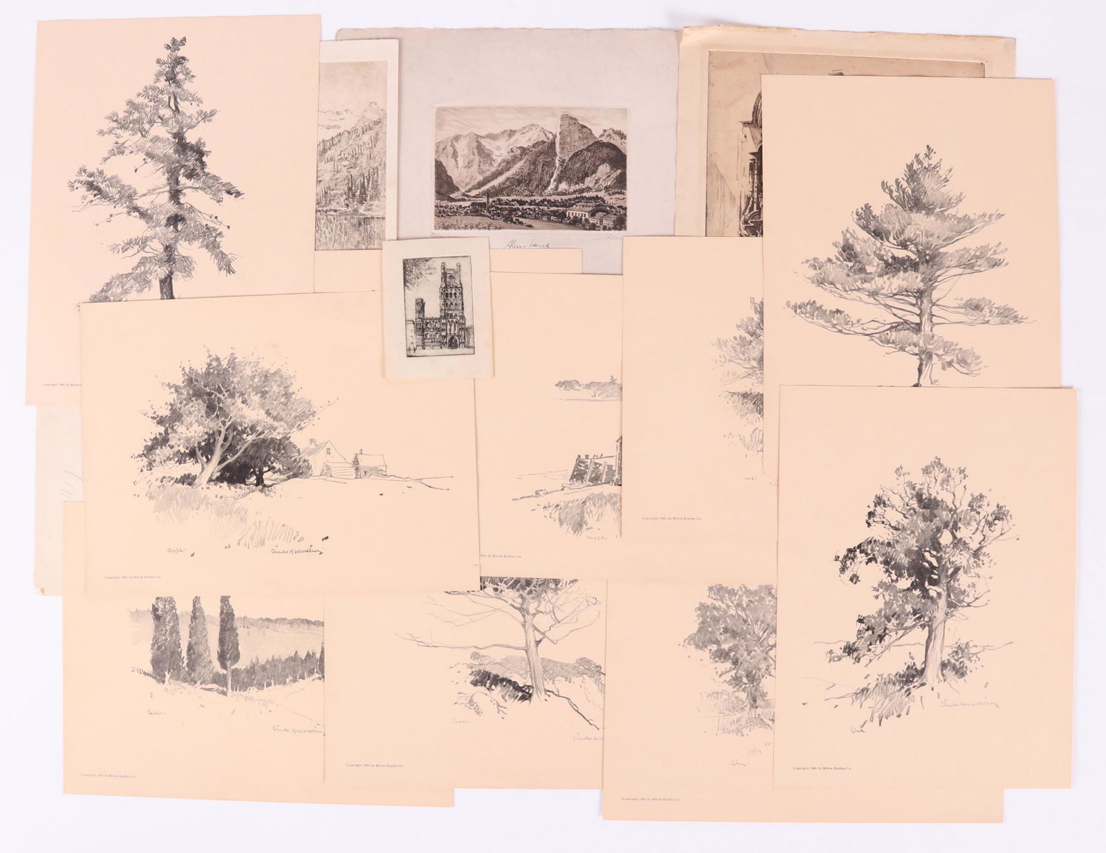 Group of Fifteen Etchings, Prints, and a Sketch: Earl Horter (American 1881-1940), titled "Cathedral Mallorca, Spain", dated for 1927, signed in the plate, also pencil signed by the artist at the lower right; a small etching of a cathedral, unsigned