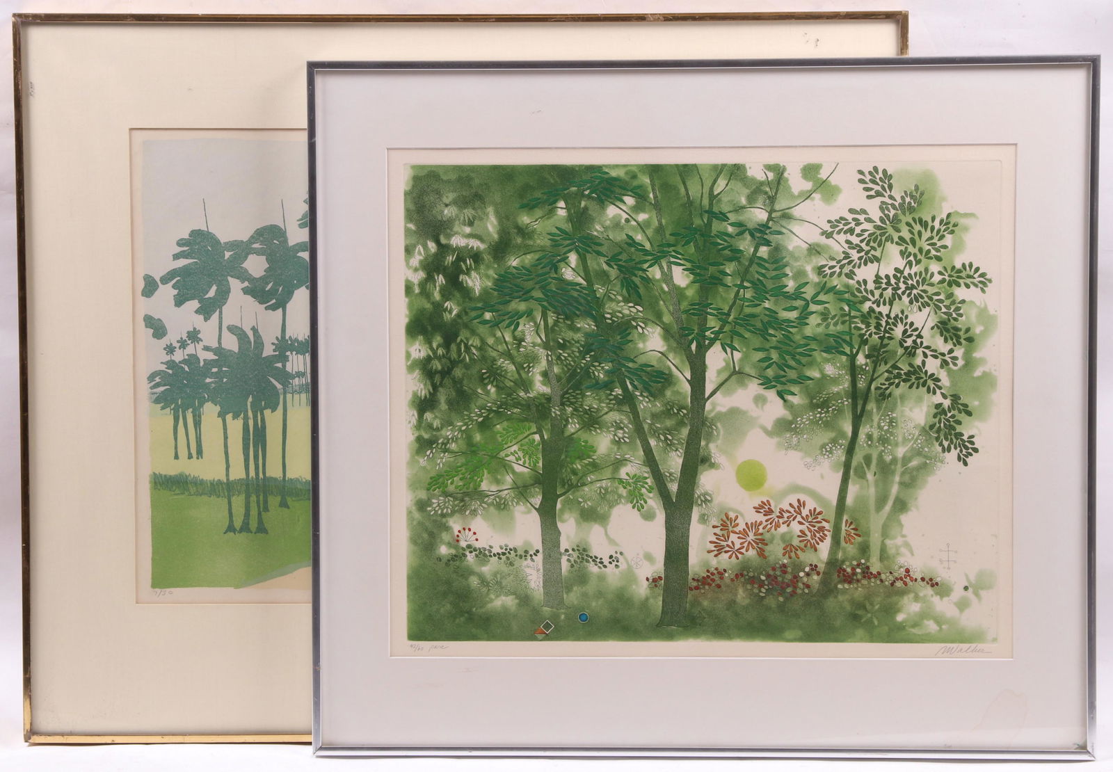 Two Signed Prints, Emilio Sanchez and Anne Walker: Emilio Sanchez (Cuban/American 1921-1999), a lithograph titled "Canaverales", pencil signed by the artist at the lower right, numbered 7 of 30. Anne Walker (American b. 1933), a woodcut print titled "