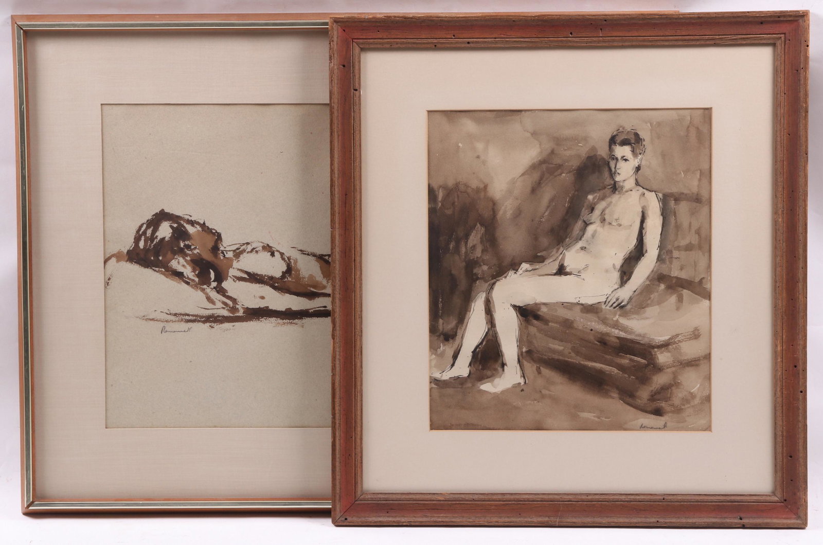 Seymour Remenick (American 1923-1999) Two W/C Nudes: Two monochrome watercolor on paper nude portraits, one of a woman sitting, signed at the lower right, the other of a woman reclining, signed at the lower left. Dimensions: The portrait of the woman si