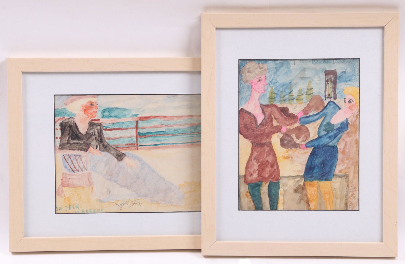 Justin McCarthy (American 1891-1977) Two Watercolors: One is titled "On Deck By Rubens", the other is titled "The Rival Boxers", both pencil signed by the artist at the lower right. Dimensions: Sights 7 1/2" x 9 1/2", the frames 12 1/4" x 15 1/4", but th