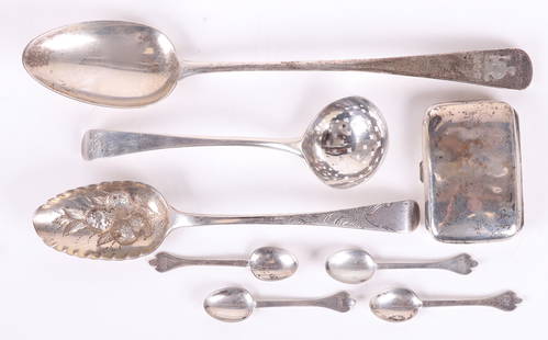 English Sterling Flatware Including Hester Bateman: Comprising: A sugar sifter by Hester Bateman, hallmarked for London and 1779, a stuffing spoon hallmarked for Joseph Hicks, Exeter and the year 1820, a berry spoon (with Victorian era decoration) hall