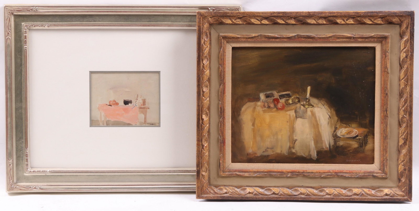 Seymour Remenick (American 1923-1999) Two Works: An oil on board still life depicting a table with articles which is signed at the lower right corner, and a smaller gouache on paper with a similar subject which is also signed at the lower right corn