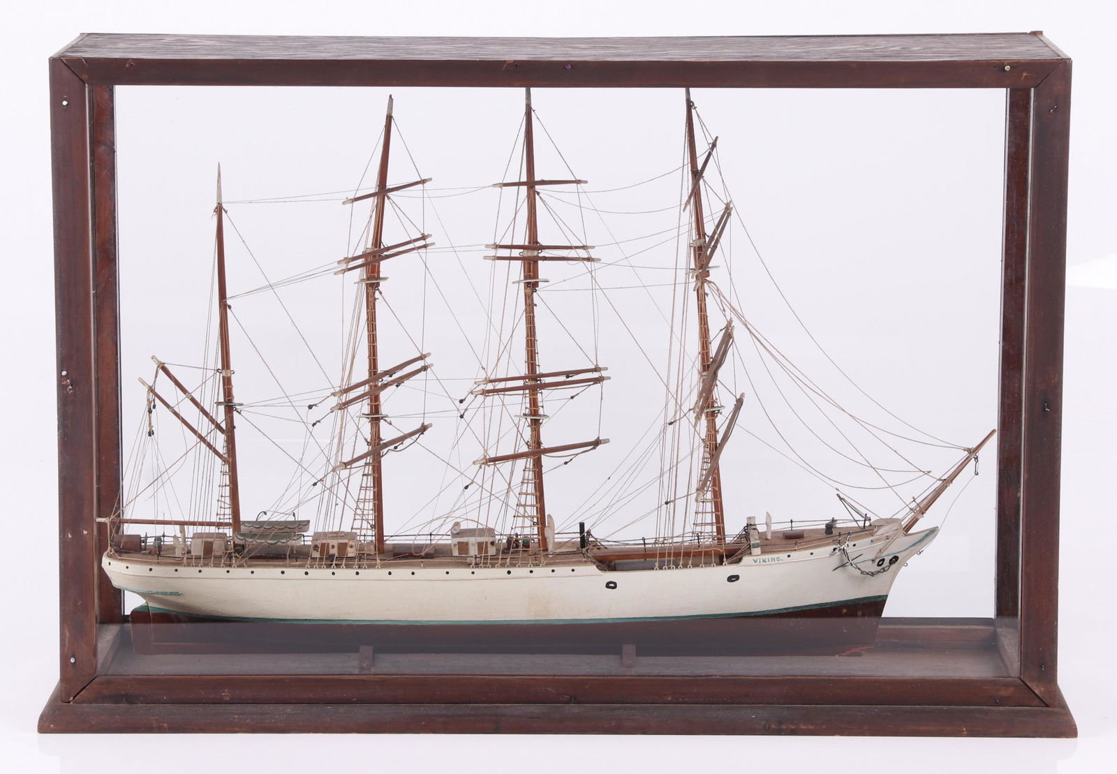 A Vintage Handmade Ship Model: 20th century, wooden and hand painted. In glass and wooden presentation case. Dimensions: 9 1/2" x 30", the height is 19 1/2".