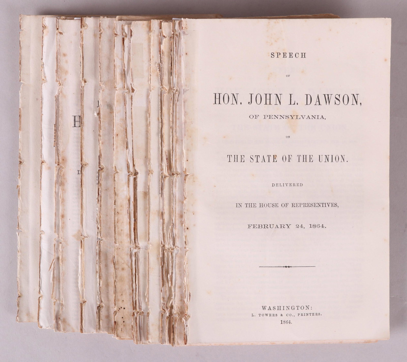 19th century Speech Pamphlets, Slavery Subject: 26 examples, transcripts by Henry J. Raymond (1866), F.P. Blair, John R. Eden (1864), John L. Dawson (1867), H. Winter Davis, William S. Holman (1864), D.W. Voorhees (1864), Joseph K. Edgerton, S.S. C