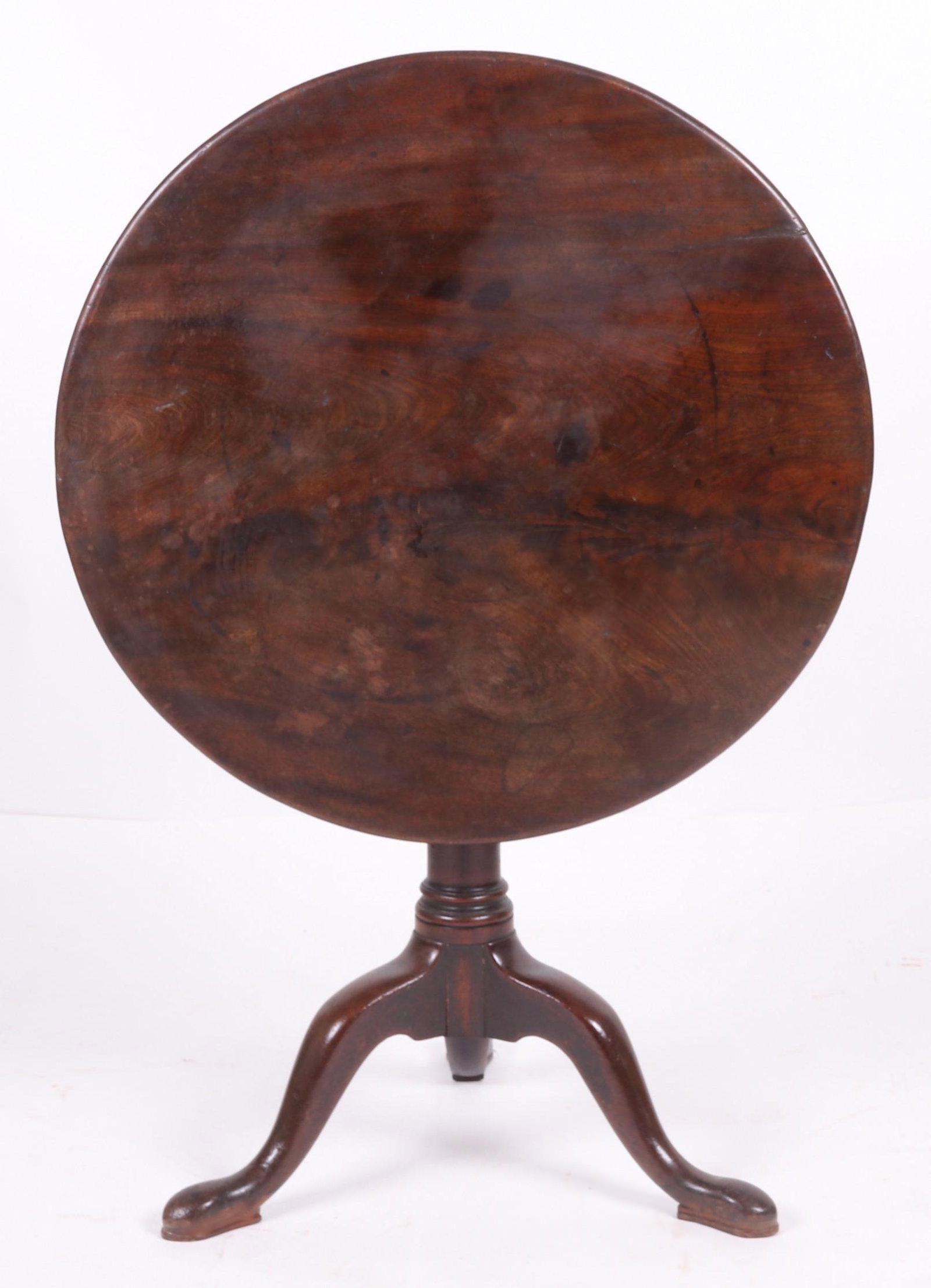 A George III Tilting Tea Table: Mahogany, with a tripod base with snake feet, a tapered cylindrical shaft and a tilting circular top. Dimensions: The top is 29 3/4" x 30 1/2", the height is 27 1/2". Provenance: From a Philadelphia c