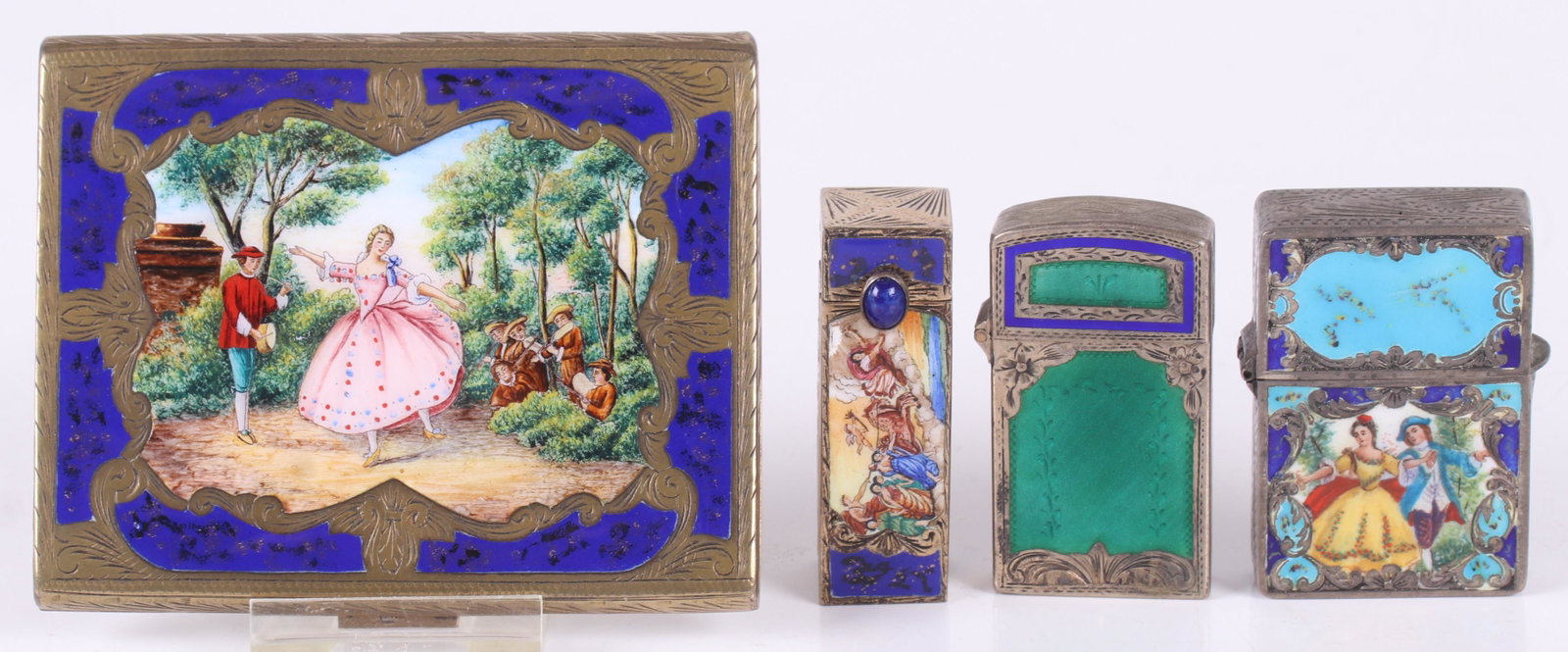 A Group of 800 Silver and Enamel Articles: All early 20th century, a cigarette case with gilt interior, a matchsafe, a lipstick with mirror and a lighter. Dimensions: From 2 1/4" x 1/2" x 1/2" to 4" x 3 1/8" x 1/4". The total approximate gross