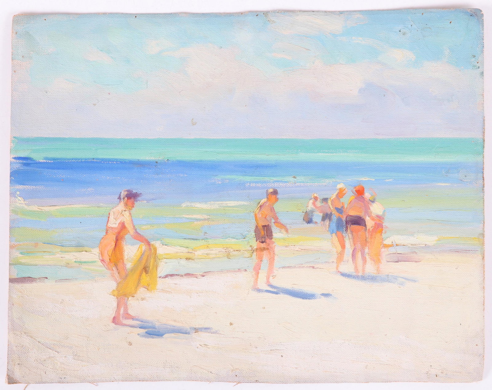 Att. Mabel May Woodward (1877 - 1945) O/C: A beach scene with figures, unsigned but found with several signed works from the same estate. Dimensions: 10 3/4" x 13 1/2".