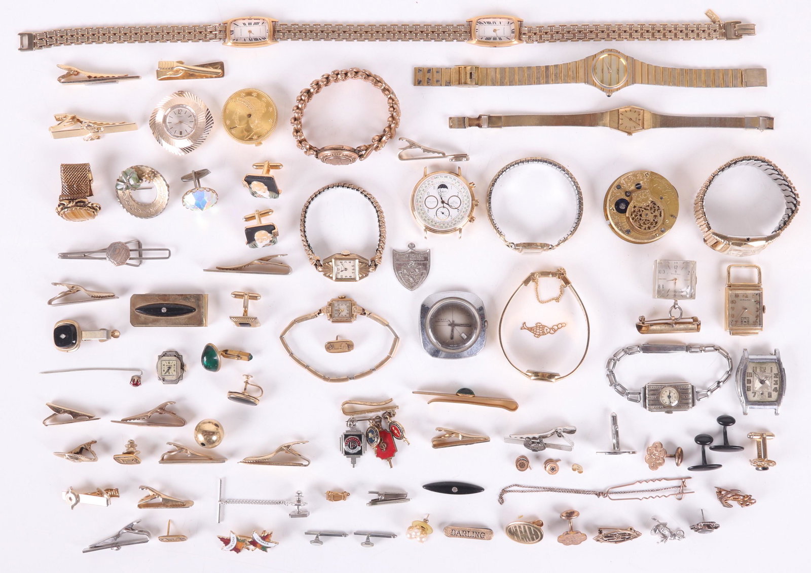 A Group of Estate Watches, Cufflinks, Etc...: Eighteen watches including an early pocket watch movement by Bullingford London, examples by Hamilton and Seiko, There are tie clips, cufflinks, etc.. a few sterling and gold filled. Dimensions: Vario