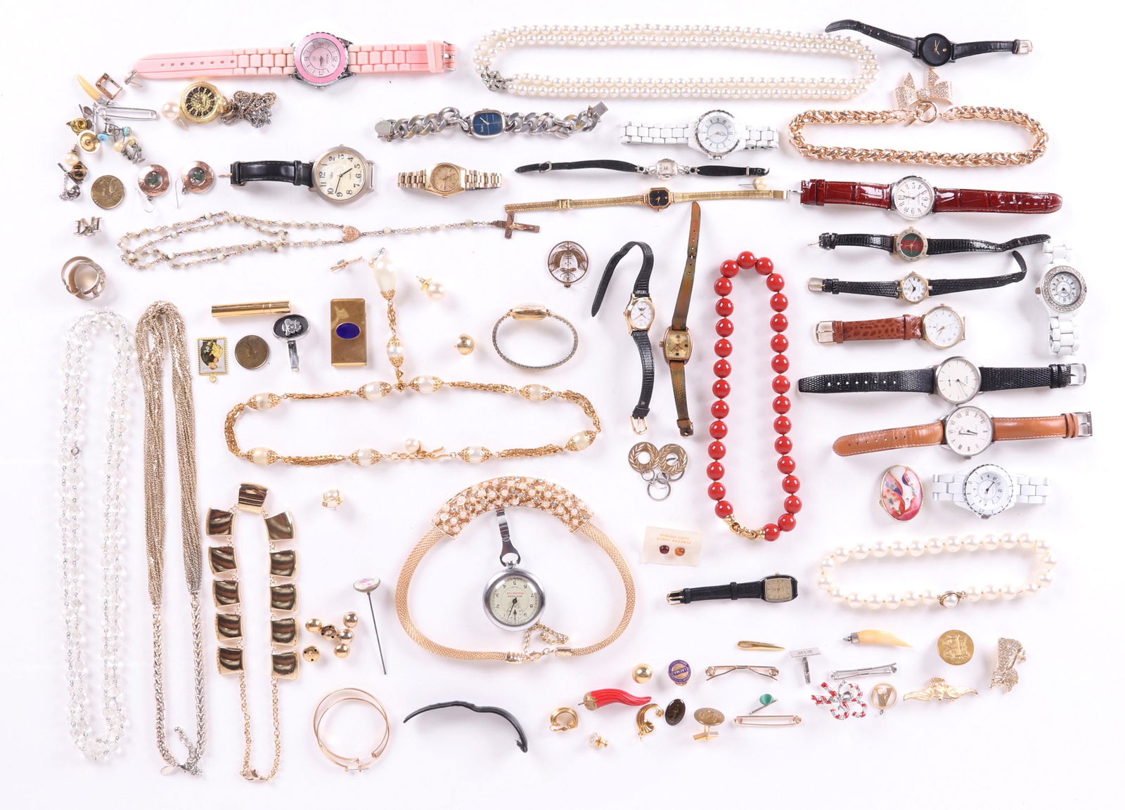 Group of Estate Costume Jewelry and Watches: Includes: twenty wristwatches including Chanel, Gucci, Vivani, Seiko, Movado, Vacheron Constantin, Collezie, Boccia, and others; a pedometer; a necklace watch and twelve other necklaces including a ro