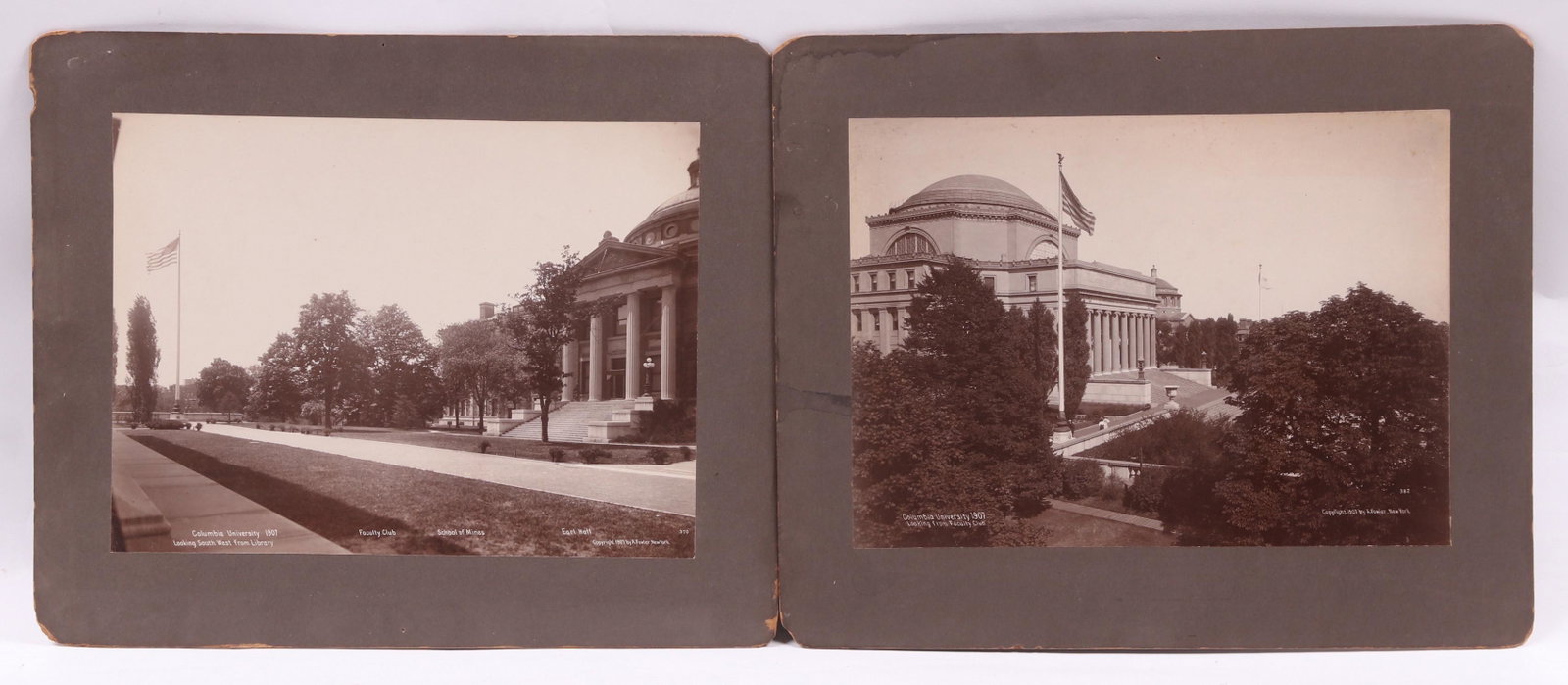 Two 1907 Photographs of Columbia University: One example depicting the Faculty Club, School of Mines and Earl Hall, the other is a view from the Faculty Club, both signed for the photographer A. Fowler and dated for 1907. Dimensions: Each photog