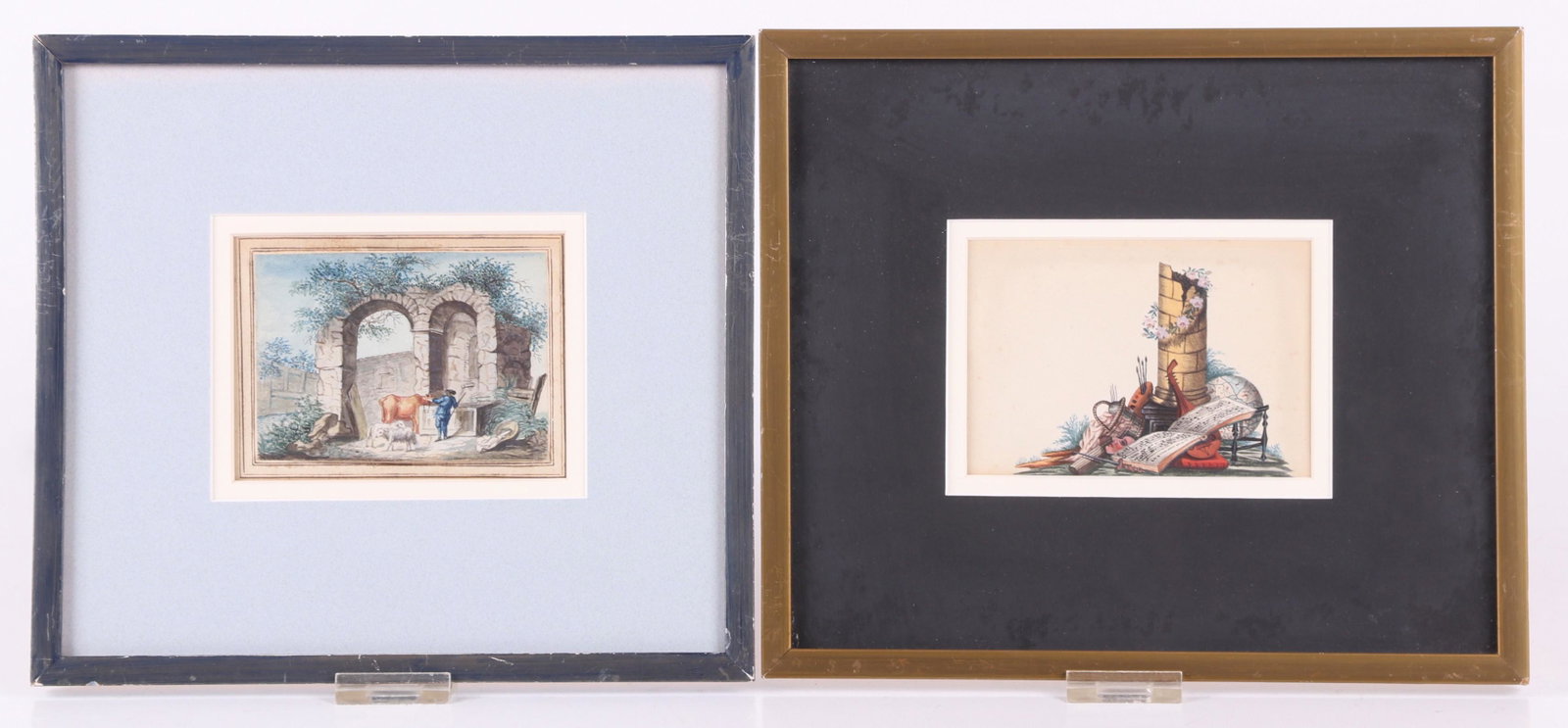 Continental School (18th Century) Two Watercolors: One depicting a pastoral scene with a man, cow, and dogs under ruins; the other depicting a still life with musical, artistic, and scholarly articles. Both are unsigned. Dimensions: The pastoral scene