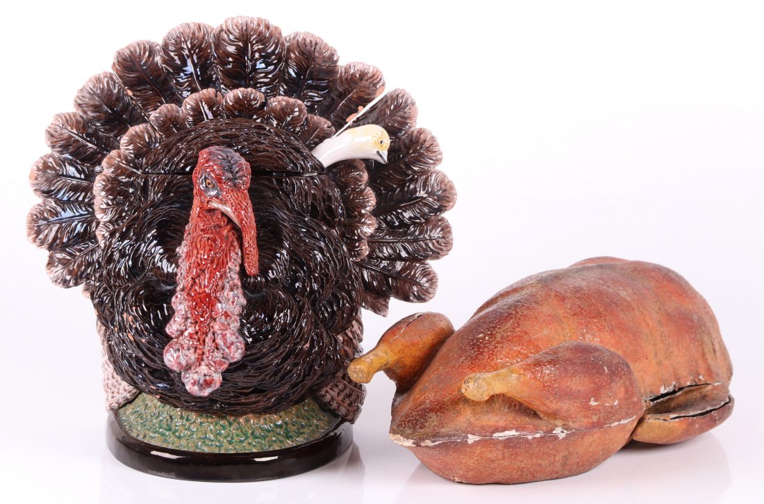 Majolica Turkey Tureen and a German Candy Container: A 20th century Continental majolica turkey form tureen with cover and a ladle with turkey chick head terminal, unmarked. A large German papier mache candy container, roast turkey, early 20th century, 