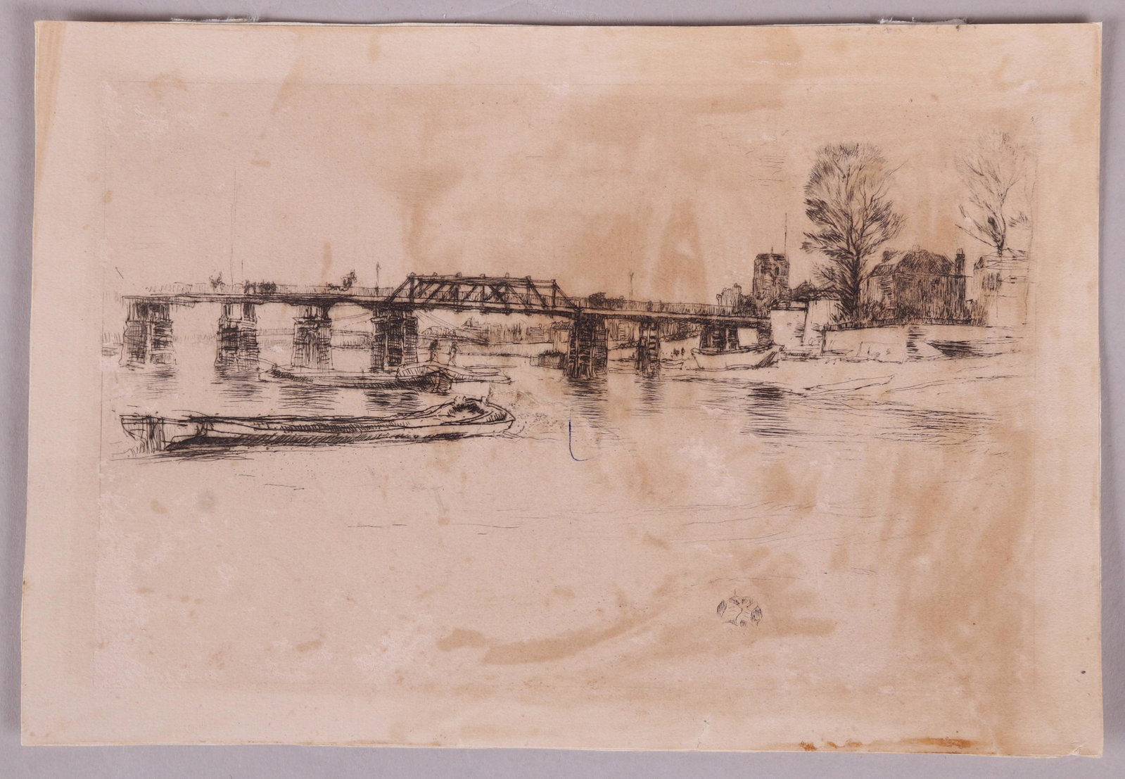 James Abbott McNeill Whistler, Etching: "Chelsea", signed in the plate with butterfly. Unknown age or state. Dimensions:6 1/8" x 9 1/8". Provenance: