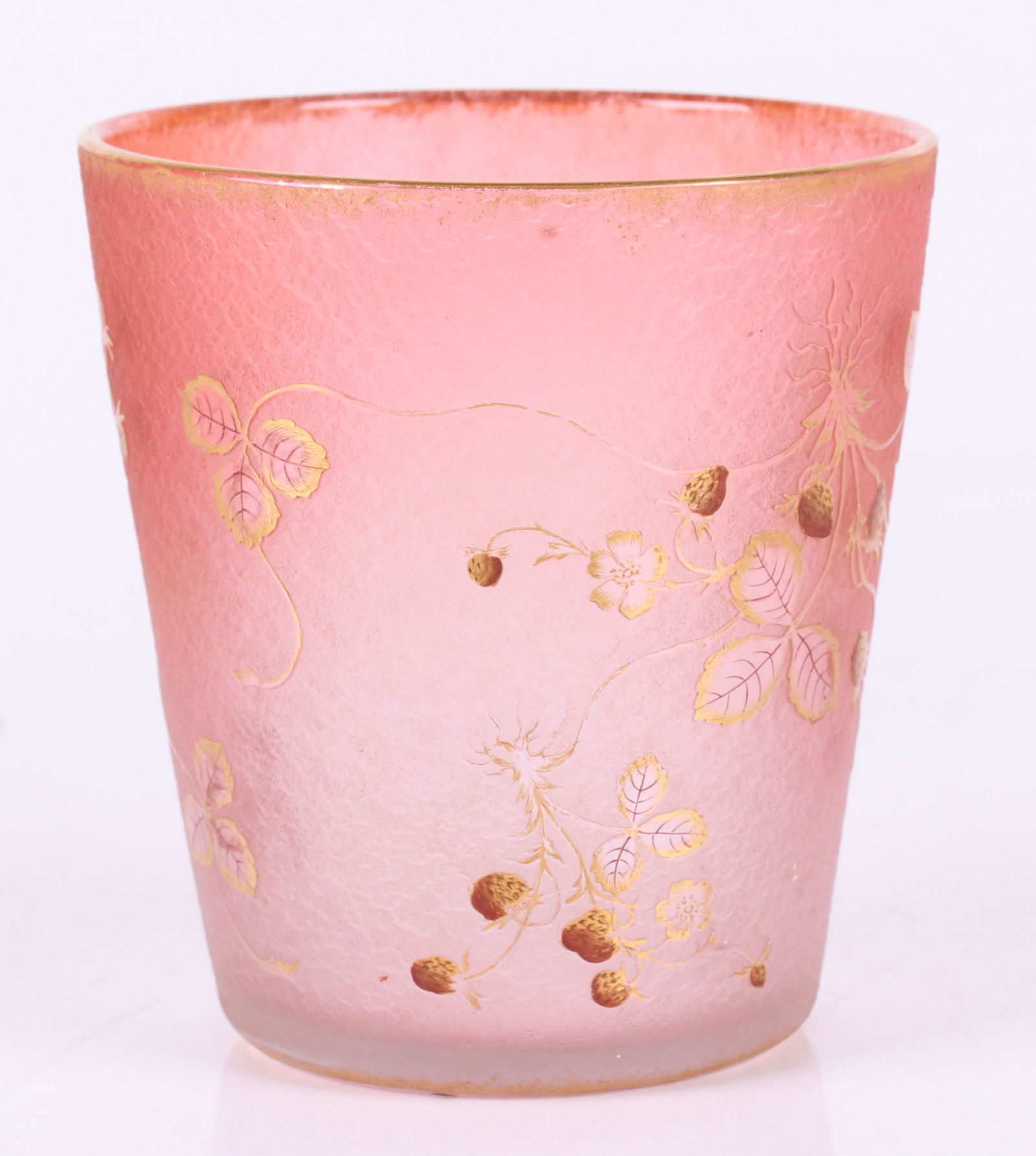 A Daum Nancy Cameo Glass Vase: With strawberry decoration which is highlighted with gilding, signed as pictured. Dimensions:5 1/4" in diameter, 5 3/4" tall. Provenance:From a Philadelphia collection.