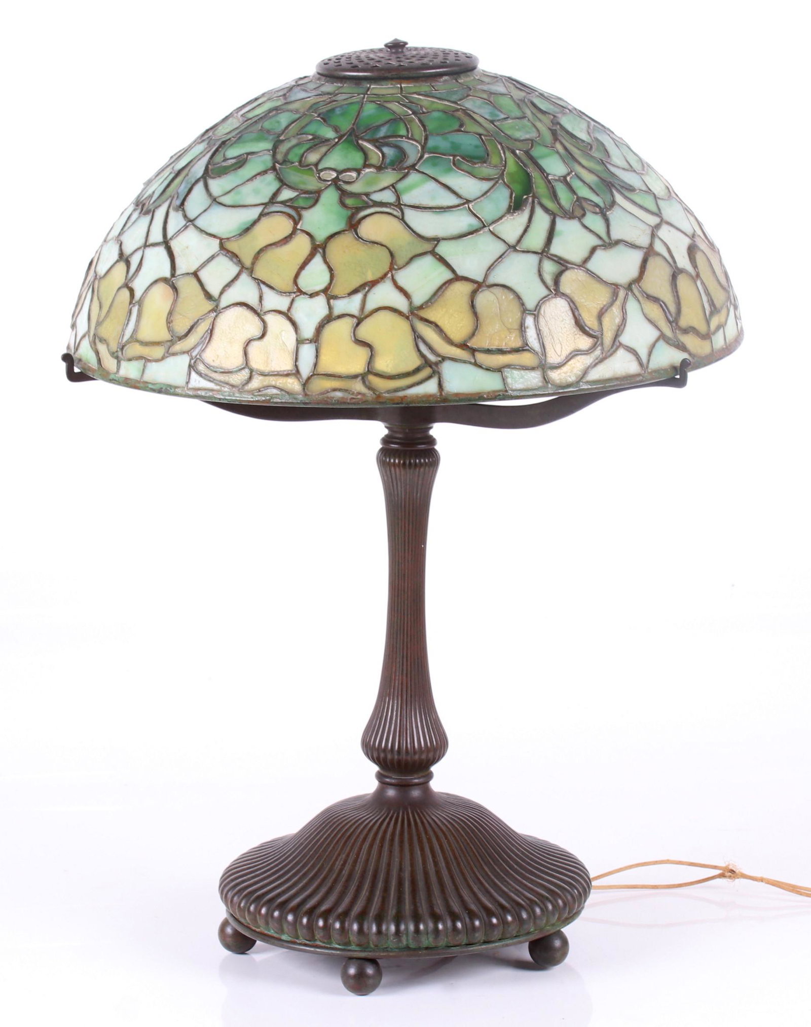 Tiffany Studios Bellflower Table Lamp: Early 20th century, with original green/yellow bellflower pattern done shade signed "Tiffany Studios, New York" and original patinated bronze base marked "Tiffany Studios New York 370". All original c