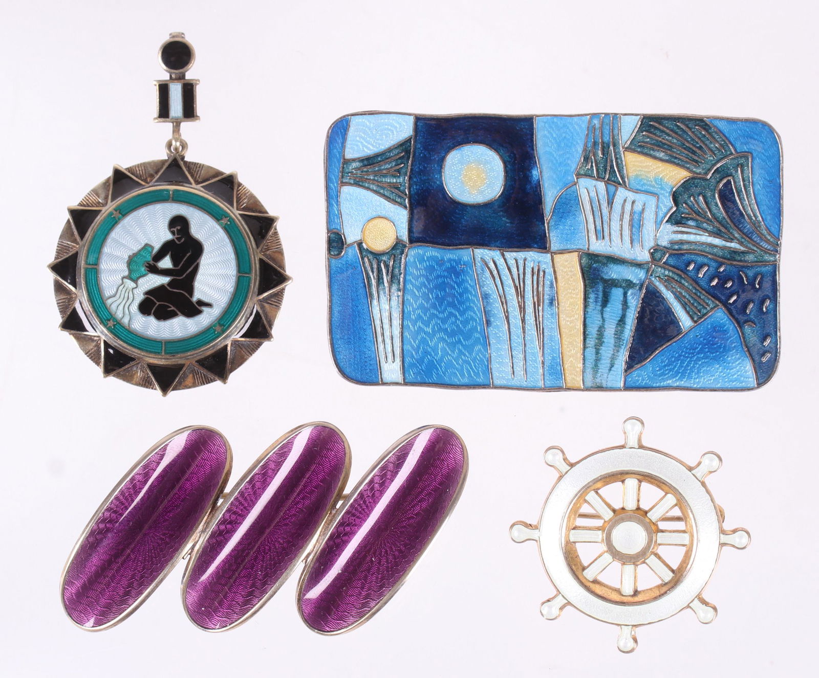Sterling, Enamel Jewelry, David Andersen: All marked sterling and for the maker. A large predominantly blue abstract brooch, a purple pin made up of three linked ovals, a white ship wheel pin and a pendant decorated with a figure. Dimensions: