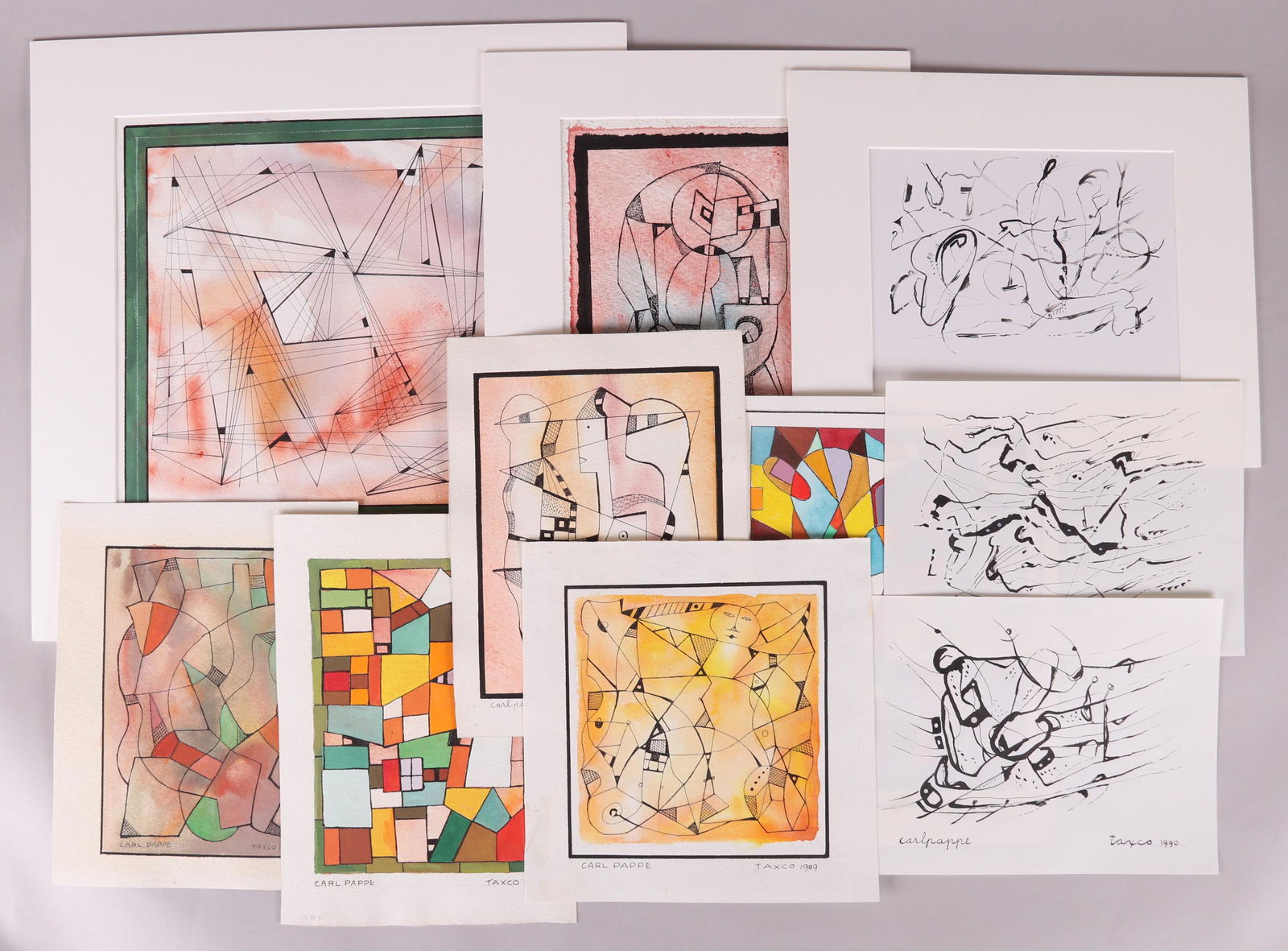 Carl Pappe (Mexican 1900-1998) Ten Works: All signed and dated, seven watercolors and three black ink works on paper. Dimensions:From 9" x 12" to 20" x 20". Provenance:From a NJ collection.