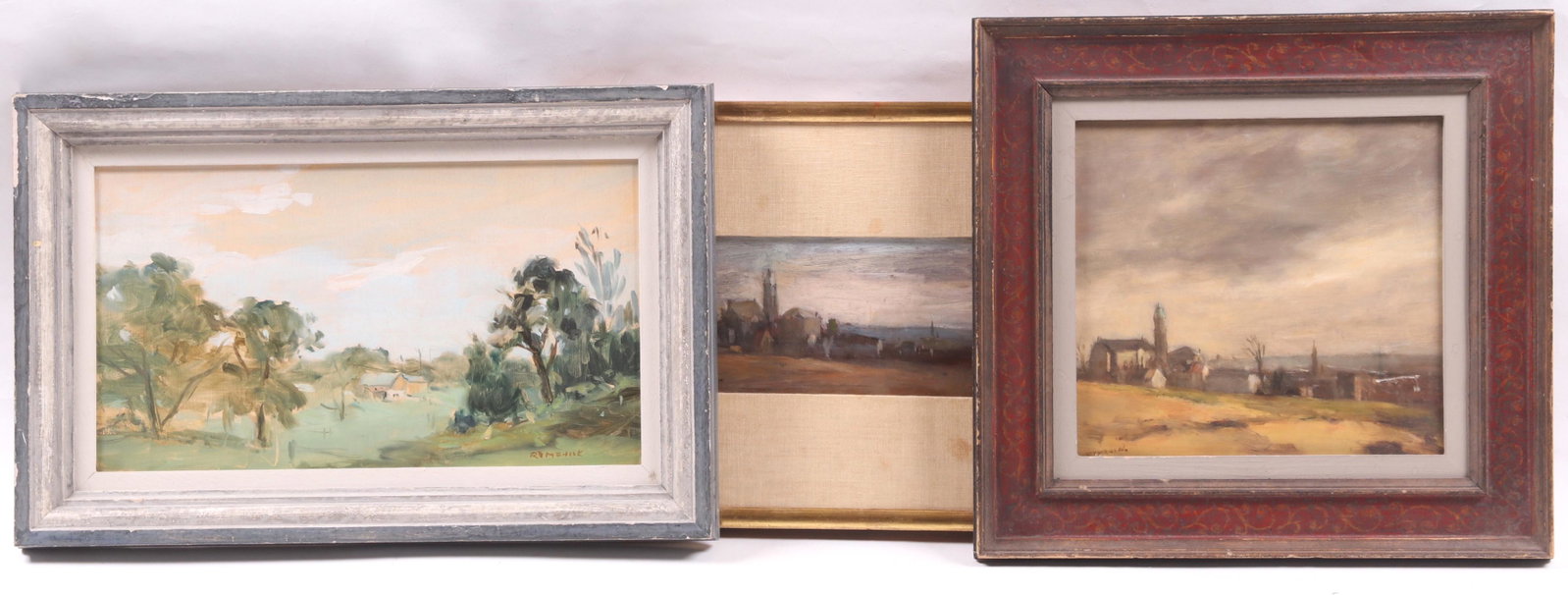 Seymour Remenick (1923-1999) Three Landscapes: All oil on board, a landscape with small central barn which is signed at the lower right, an example titled "Manayunk , PA" which is signed at the lower left and bears a gallery tag verso and a painti